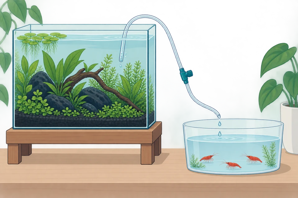 Airline tubing with a valve dripping water from an aquarium into a lower container of shrimp