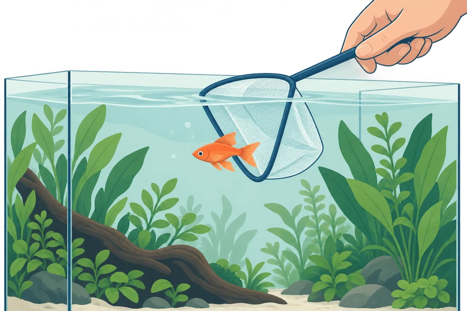 A fish swimming out of a partially submerged aquarium net