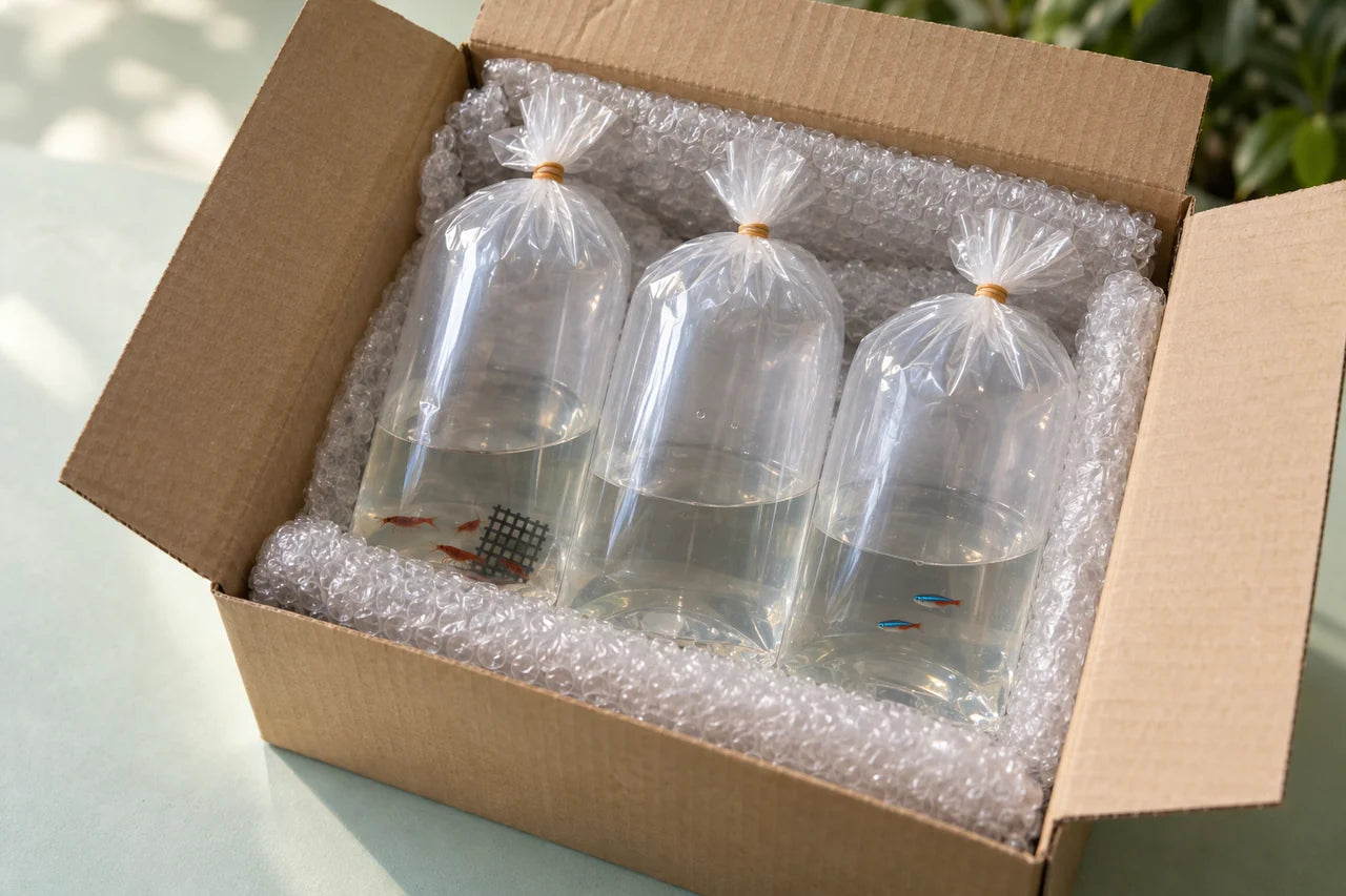 Illustration of aquatic livestock bags cushioned inside a shipping carton