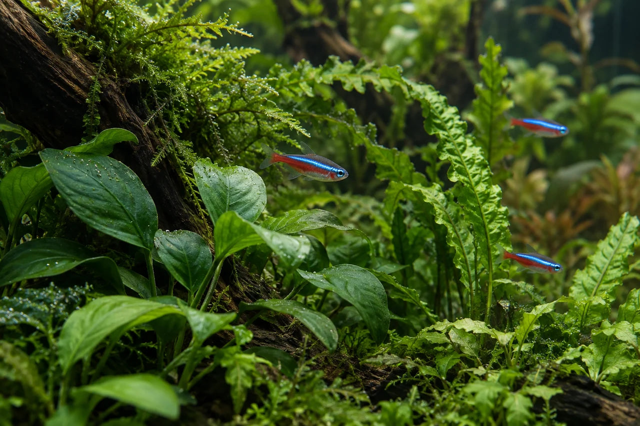 Neon tetras among lush green aquarium plants