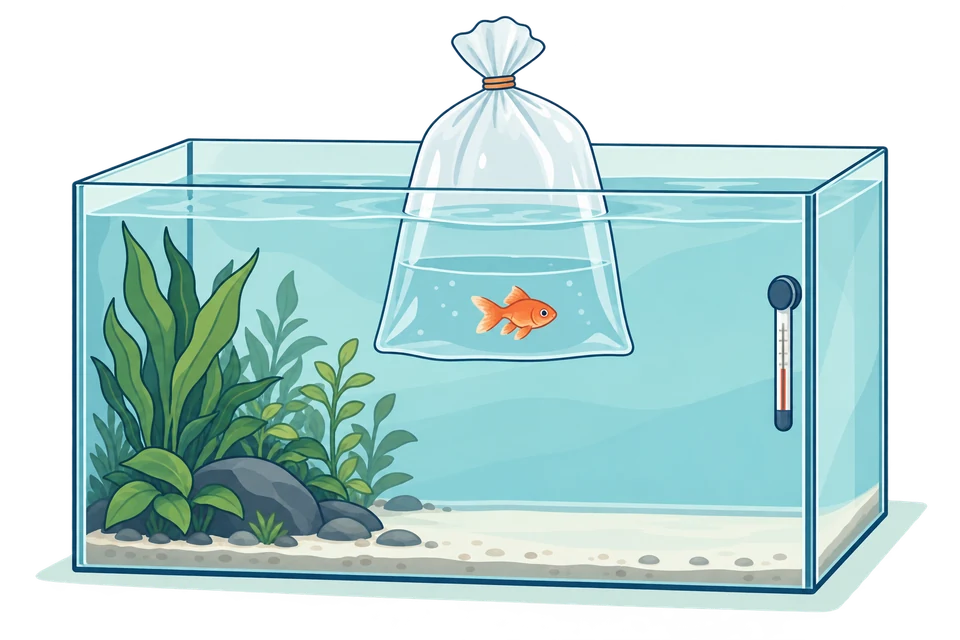 A sealed fish transport bag floating at the aquarium water surface