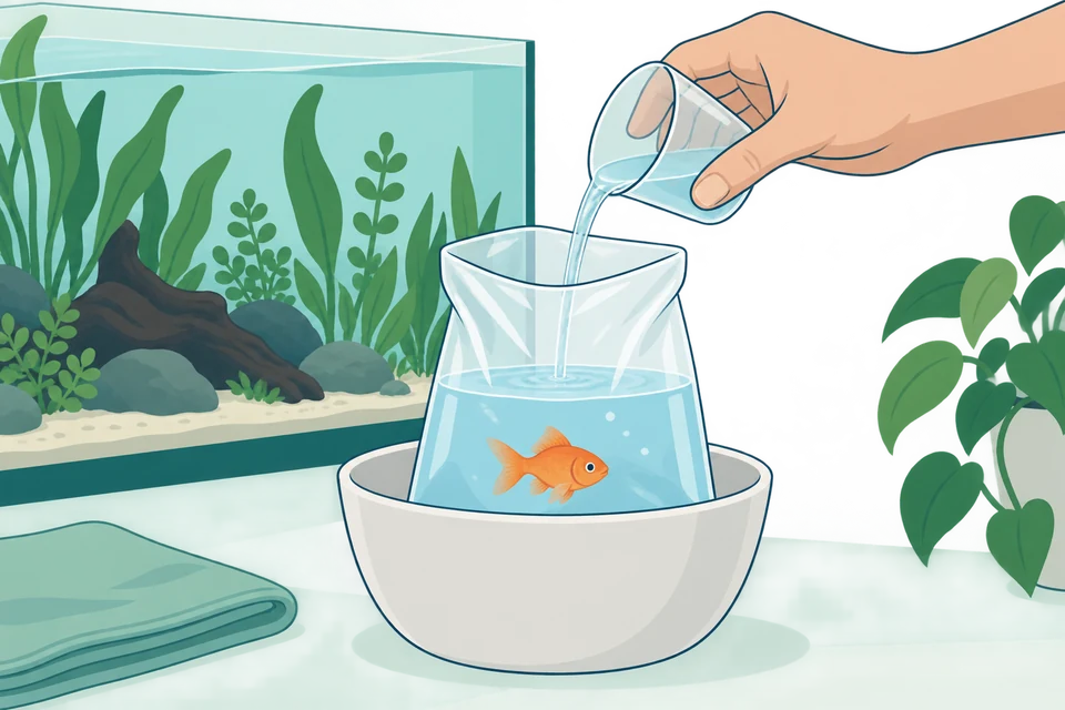 Adding a small amount of aquarium water to an open fish bag supported in a clean container