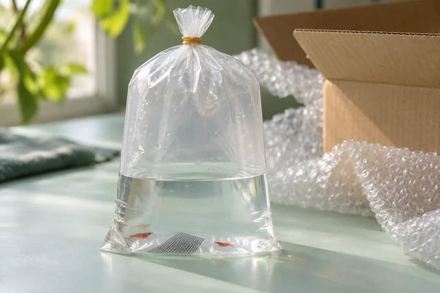 Illustration of a shrimp bag with water, air space and mesh