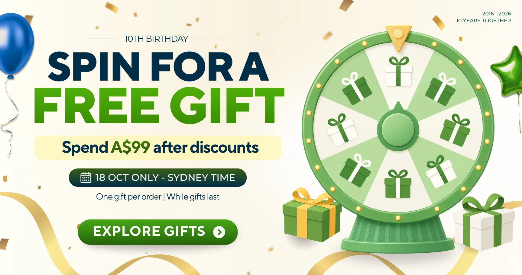 Micro Aquatic Shop 10th birthday. Spin for a free gift when you spend A$99 after discounts. 18 October 2026, Sydney time. One gift per order, while gifts last.