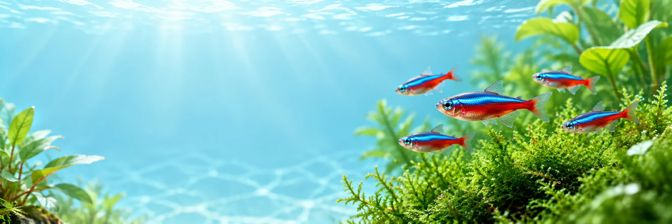 Neon tetras swimming among green aquatic plants